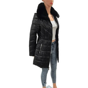 Kenneth Cole Women's Quilted Black Puffer Coat with Faux Fur Collar